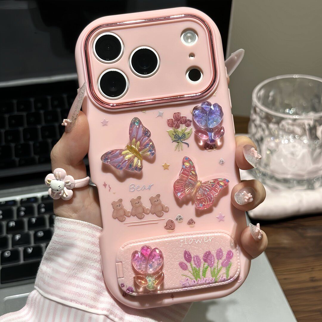 郁金香蝴蝶支架新款适用苹果17Pro手机壳iPhone16max小米15华为mate80pura70k60note14荣耀400x300oppofindx8