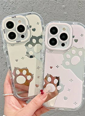镂空猫爪镜面泡芙情侣适用苹果16Pro手机壳iPhone15max华为mate70小米14p60k80荣耀x200Reno13nova12vivos17