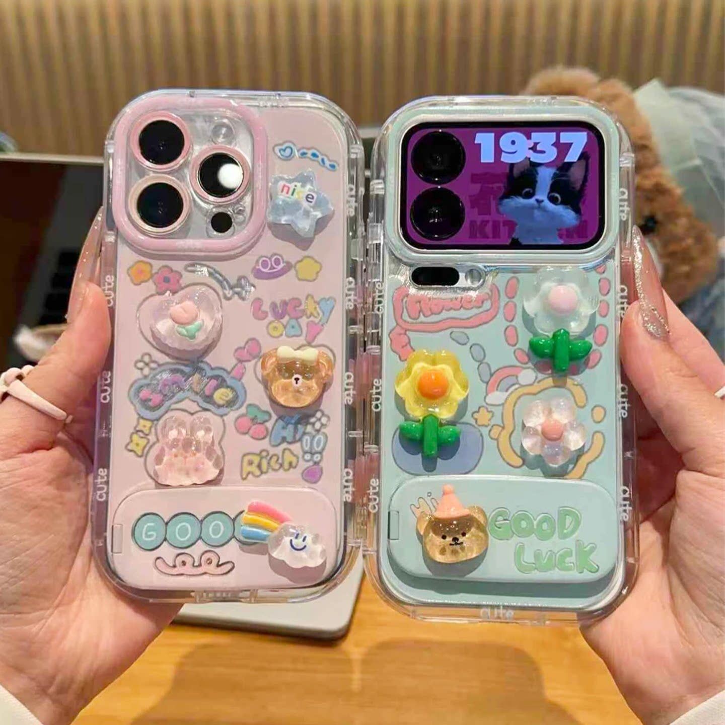 花朵熊兔支架新款适用苹果17Pro手机壳iPhone16max13小米15华为mate80pura70k90nova14荣耀500x300oppofindx9