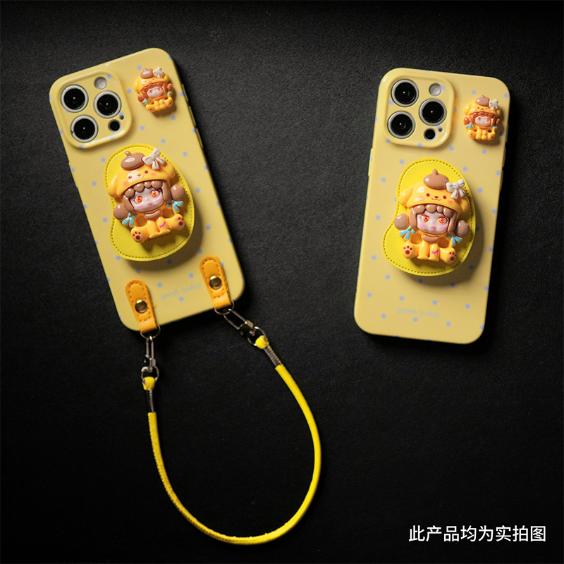 黄底波点公仔支架新款适用苹果16pro手机壳iPhone15max小米14华为mate70pura80k60荣耀200nova13oppofindx8