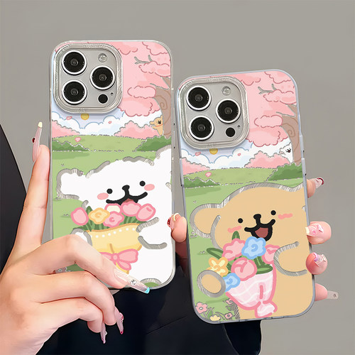 情侣送花线条小狗新款适用苹果17Pro手机壳iPhone15max小米16华为mate70pura80k60荣耀vivox200一加12reno14