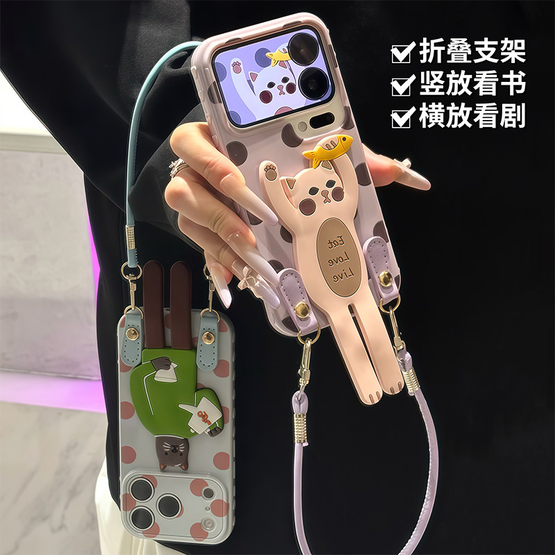网红可爱猫咪支架挂绳适用苹果17Promax手机壳iPhone16pro14小米17华为mate80pura90k90nova15荣耀600x300s30