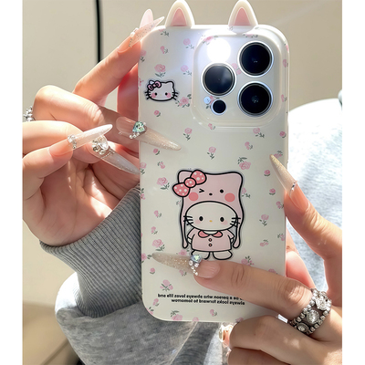 花粉Kitty猫耳朵新款适用苹果16Pro手机壳iPhone14max小米15华为mate60p70荣耀200OK50PPOReno11nova12一加13
