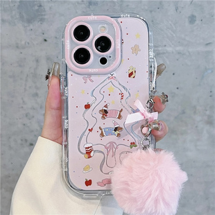 粉色圣诞树小狗羽纱泡芙适用苹果16pro手机壳iPhone15max13小米14华为mate60p70x100k50nova12荣耀200Reno11