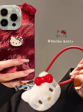 红色冰川纹凯蒂猫公仔挂绳适用苹果16Pro手机壳iPhone15max小米15华为mate60p70k50Reno13nova12x200note14