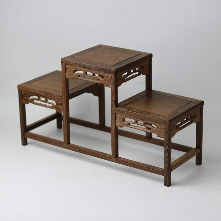 红木连身实木小花架博古架 高低格红木花几置物架中式鸡翅瓷瓶架