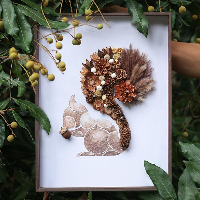 来自丛林｜松鼠植物手作画自然美育北欧干花立体挂画客厅装饰画图片