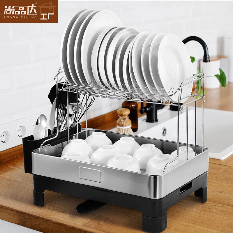 日式大容量碗架沥水架双层酒店用碗架跨境多功能碗筷勺收纳架