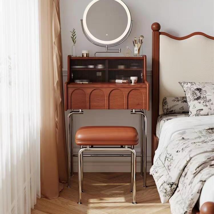 法式中古复古风梳妆台小户型60cm卧室实木床头化妆桌设计师化妆台