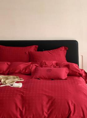 3YK大红色婚房四件套纯床单被长套结婚喜绒994庆新婚棉嫁棉