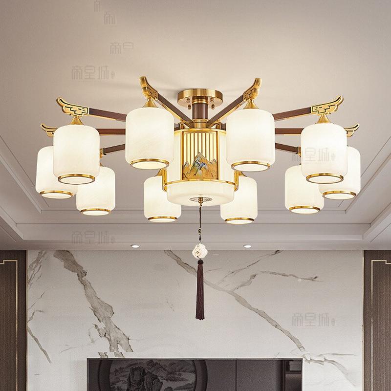 新中式复式楼别GHC大墅客厅大吊灯中空楼挑空大厅新跃层中式楼梯