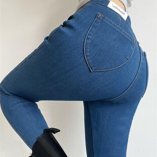 欧美风加绒高腰复古两粒扣牛仔长裤女秋冬保暖显瘦高弹小脚铅笔裤