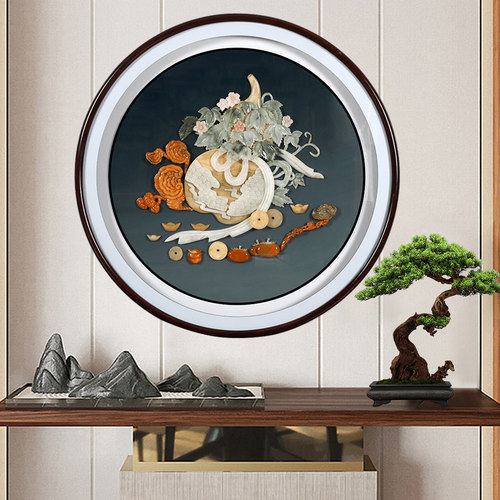 高档新中式沙发背景墙玉石装饰画入户玄关画走廊过道玉雕圆形挂画