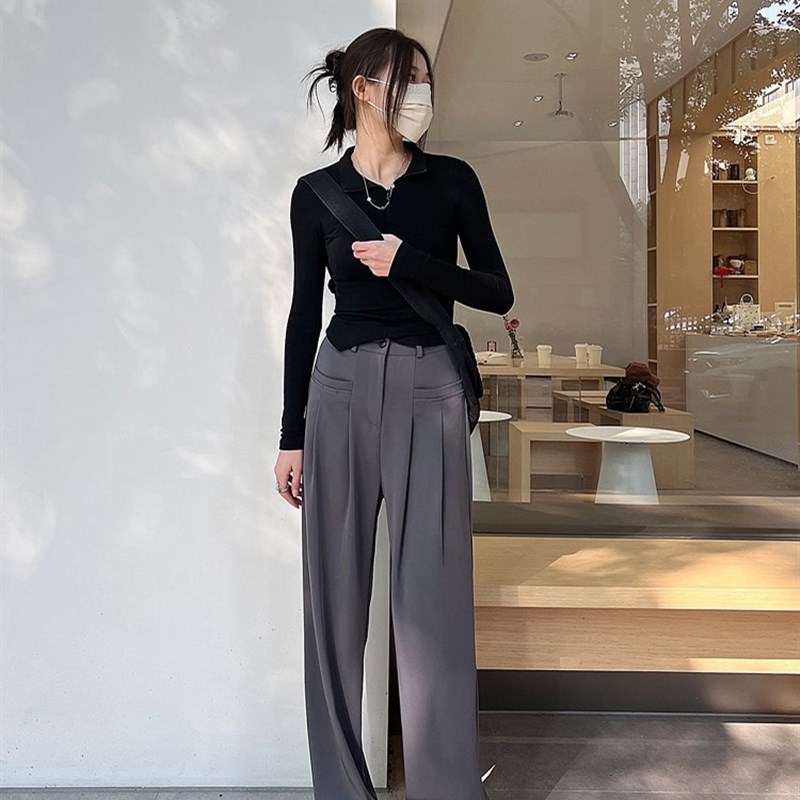 大码垂感阔腿西装早秋新款梨形身材胖mm宽松显瘦直筒拖地裤子