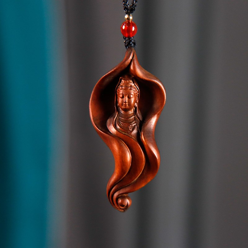 黄杨木雕荷叶观音中式脖挂吊坠手把件木质雕刻工艺品家居饰品挂件