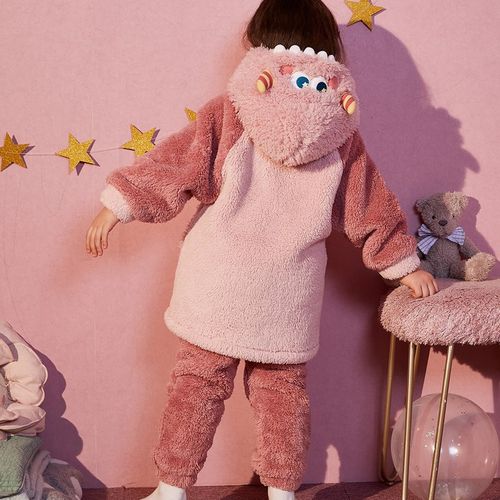 小怪兽儿童珊瑚绒睡衣秋冬季男女童加绒加厚法兰绒保暖家居服套装