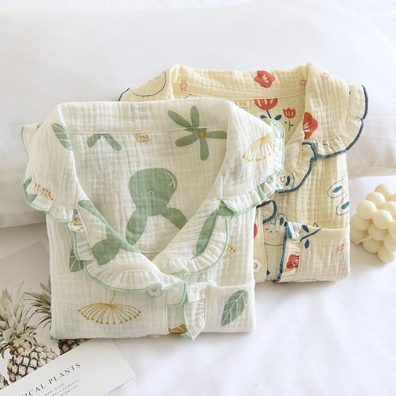 儿童夏季薄款纯棉纱布睡衣套女童清新短长裤短裤亲子家居服三件套