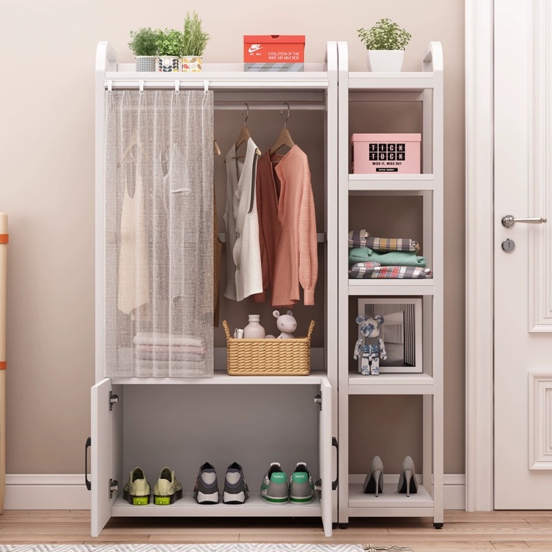 衣帽架落地立式挂衣架家用门口鞋架衣帽一体柜卧室带帘防尘置物架
