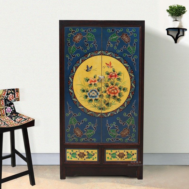新中式整体成品轻奢松木衣柜双开门大衣橱复古手绘立柜储物柜卧室