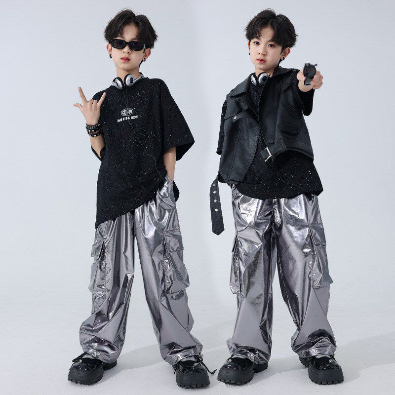 六一街舞演出服儿童嘻哈机车皮衣马甲套装hiphop银色裤子夏季2024