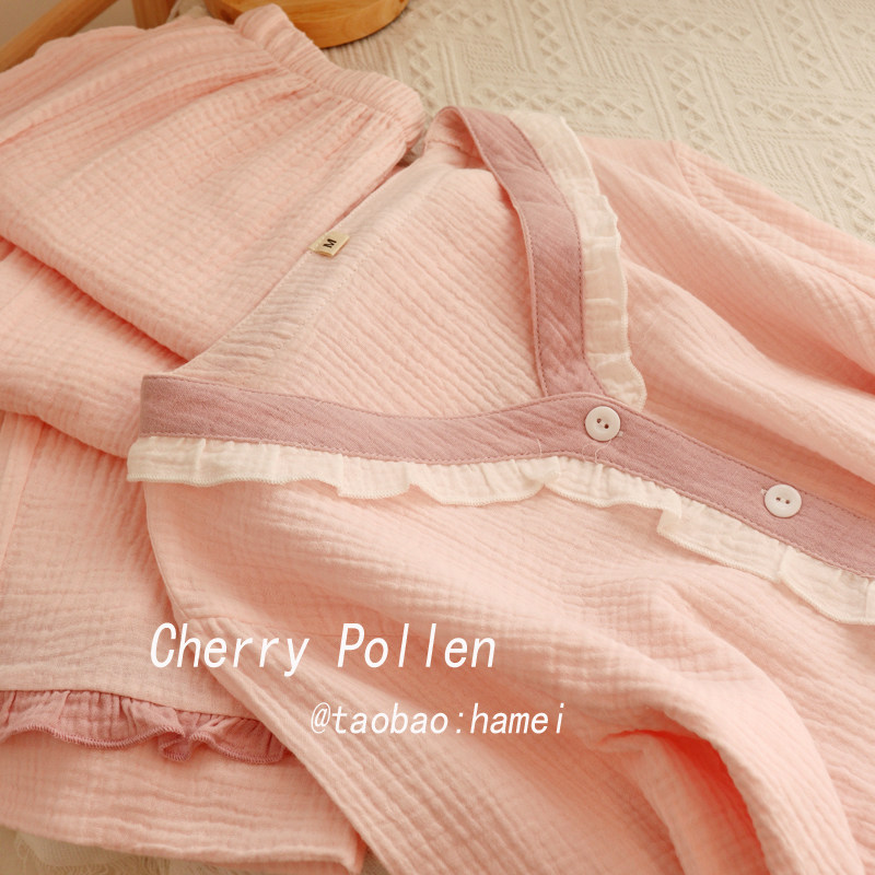 【樱花奶泡】女款纯棉新款双层纱长袖长裤拼色家居服睡衣套装春夏