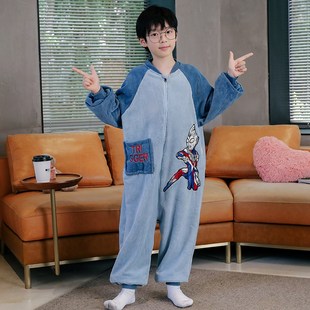 男童连体睡衣秋冬薄款珊瑚绒防踢被中大童男孩法兰绒冬季儿童睡袋