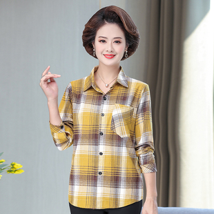 纯棉格子衬衫女中年新款夏装短袖上衣服中老年妈妈装春秋长袖衬衣