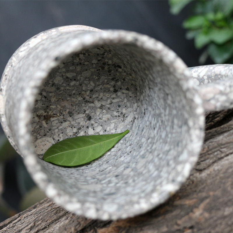 天然麦饭石茶杯杯子手工雕刻石头茶杯带盖带把水杯办公杯泡茶家用