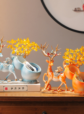 创意鹿收纳放钥匙水晶发财树摆件轻奢玄关客厅鞋柜入户进门装饰品