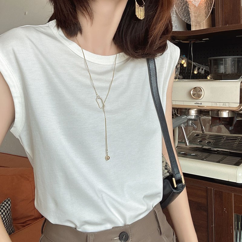 花汐拾轻奢黑色无袖T恤女柔软亲肤白色打底衫女短袖舒适