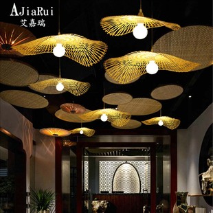 中式 酒店饭店民宿艺术草帽荷叶造型灯 竹艺吊灯禅意茶室餐厅灯个性