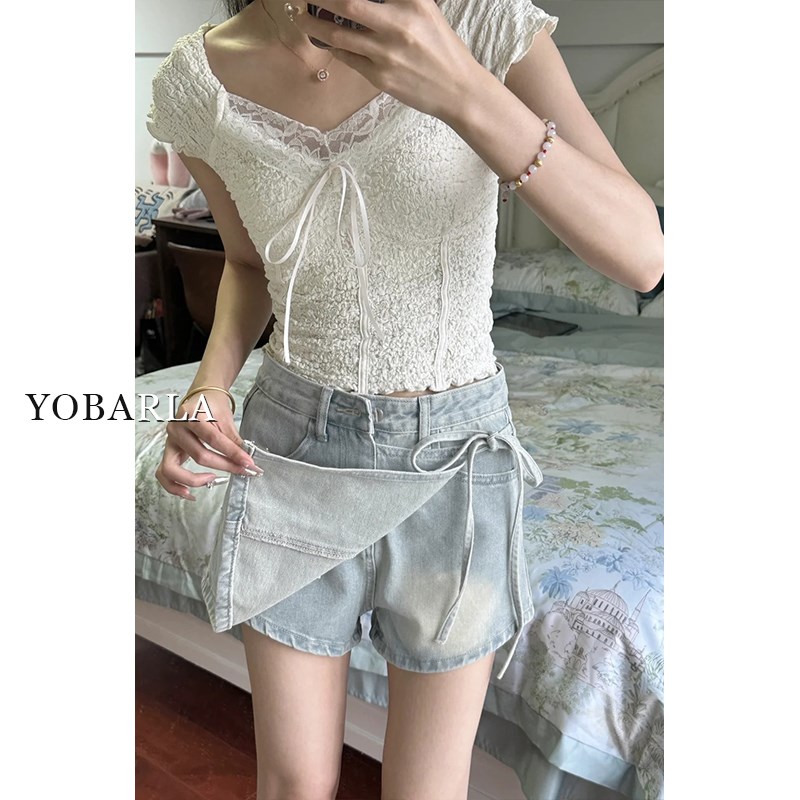 浅色不规则牛仔短裙裤女夏季大码胖mm高腰显瘦梨形身材a字半身裙