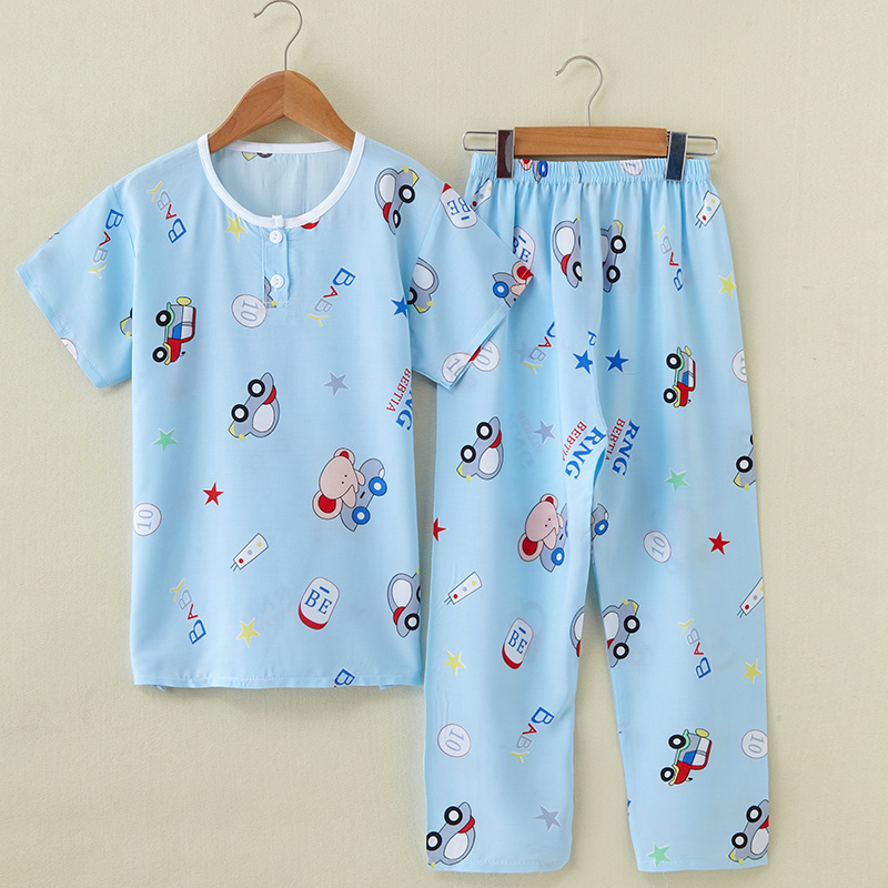 夏季绵绸儿童短袖长裤睡衣套装纯棉绸男女童小孩宝宝睡衣薄款家居