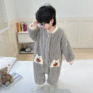 儿童法兰绒睡衣男童连体衣宝宝冬季防着凉小孩双层加厚珊瑚绒睡袋