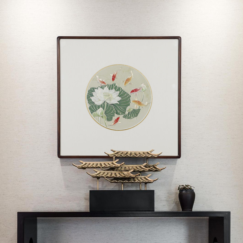 手工錾刻 铜雕画招财荷花锦鲤 实木玄关沙发背景墙客厅装饰画招财