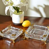 欧式 饰摆件送礼 水晶玻璃镶铜方形大号烟灰缸别墅客厅茶几烟碟装