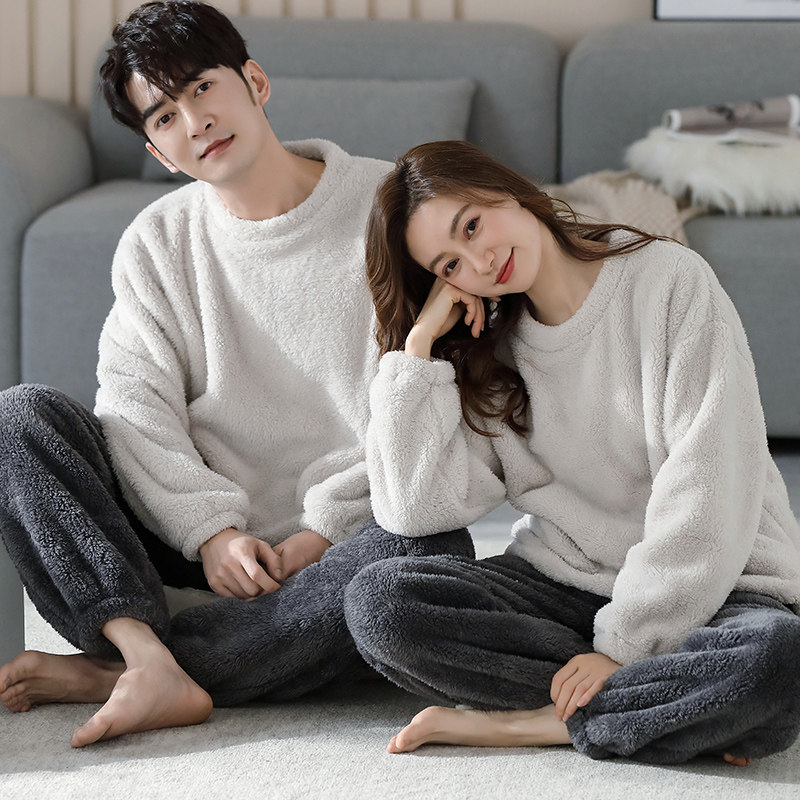秋冬季珊瑚绒情侣睡衣保暖女士加厚加绒套装春款法兰绒男士家居服