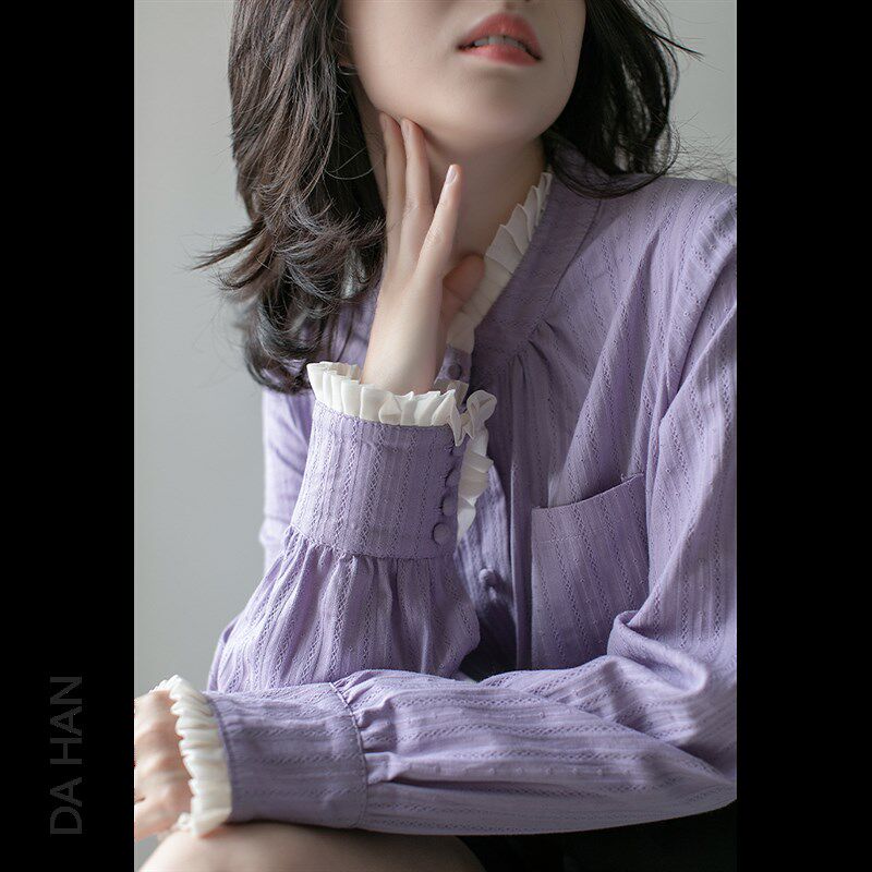 紫色花苞领衬衫女高级感春秋新款法式少女感撞色花边立领长袖衬衣