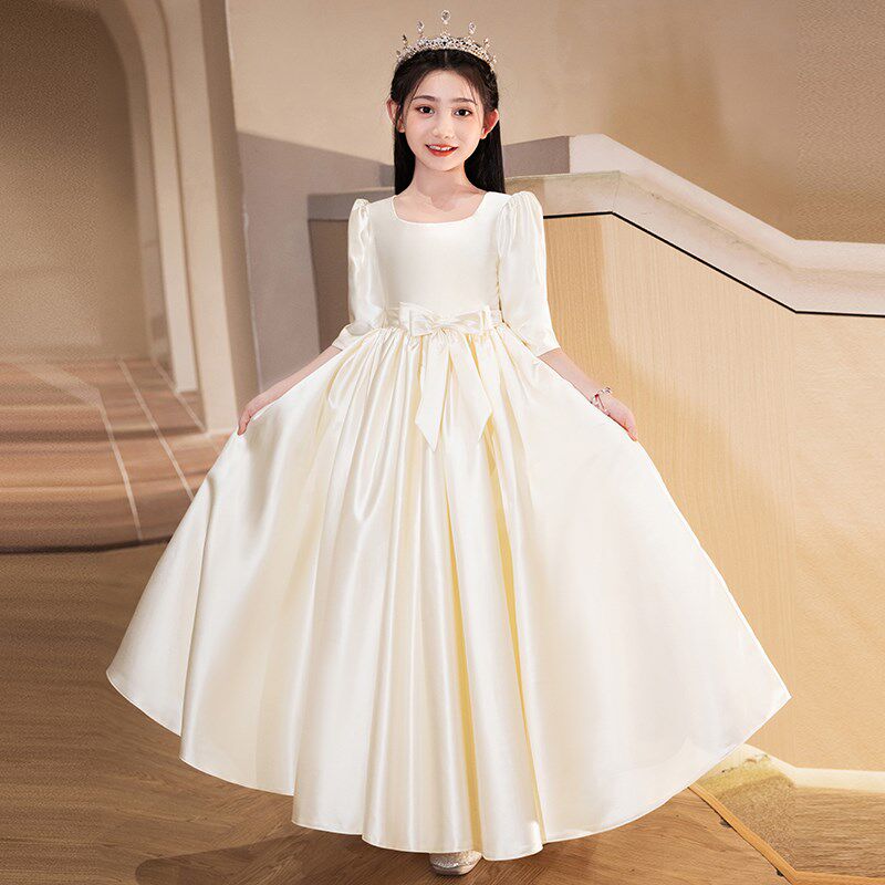 儿童礼服缎面生日小女孩花童婚礼公主裙女童主持人高端钢琴演出服