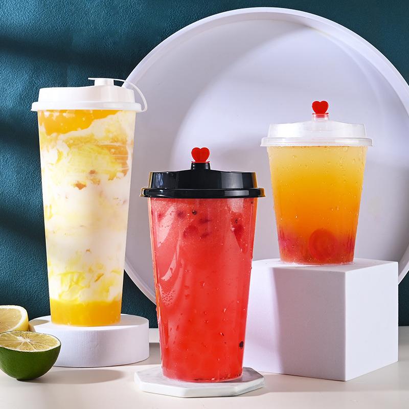 直销新款一次性透明磨砂奶茶杯90商用塑料杯带盖500ml果汁冷饮杯