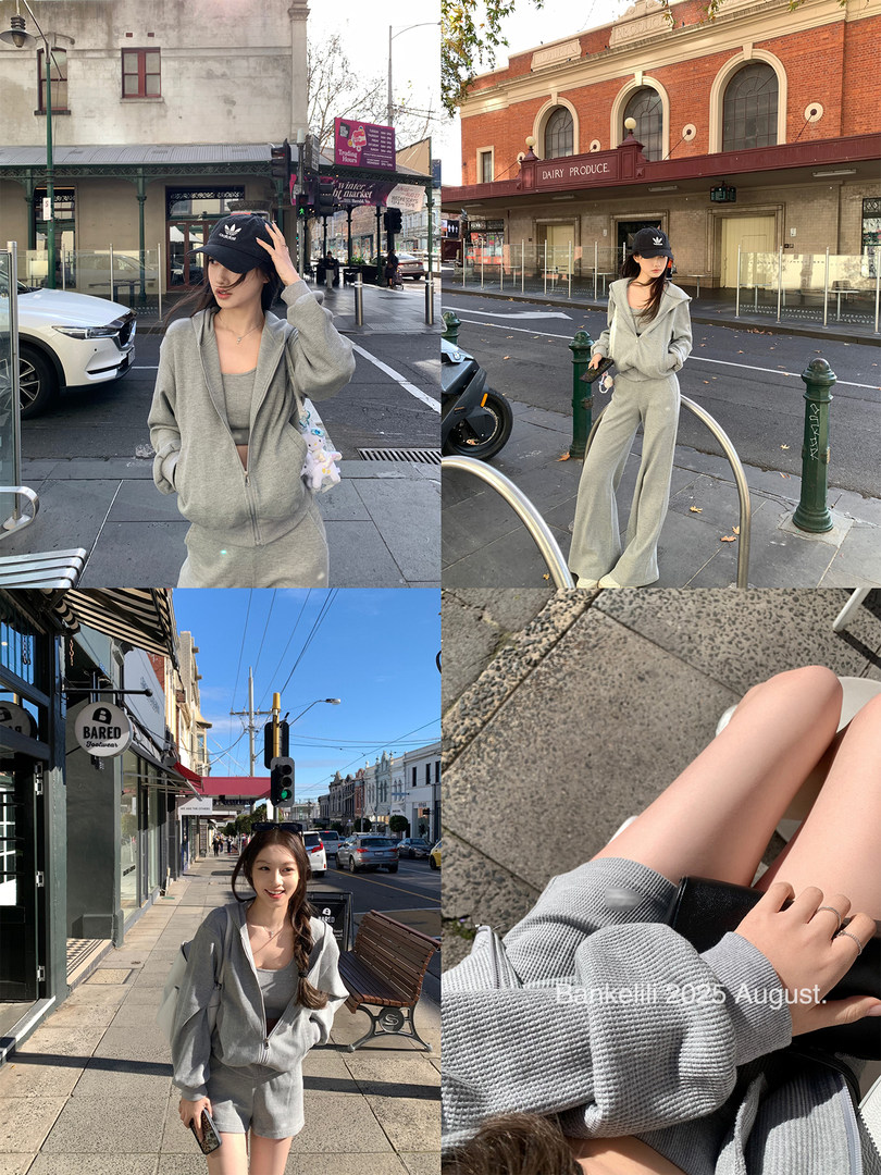 Grey hooded zip-up loungewear set worn outdoors in a street-style collage