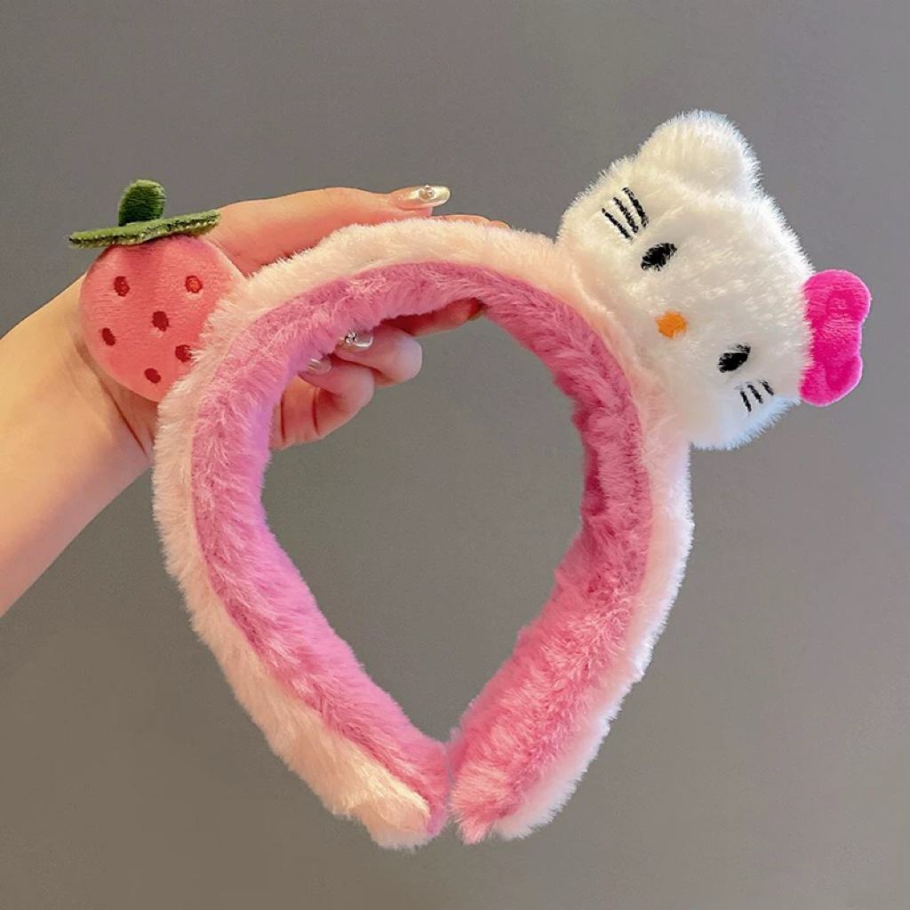 可爱草莓卡通KT猫粉色毛绒发箍