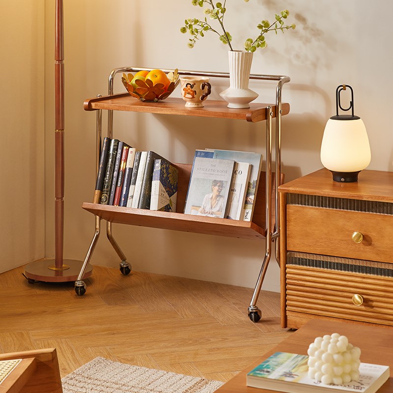 热销中古可移动小推车沙发边几客厅复古实木茶几杂志书架床头置物