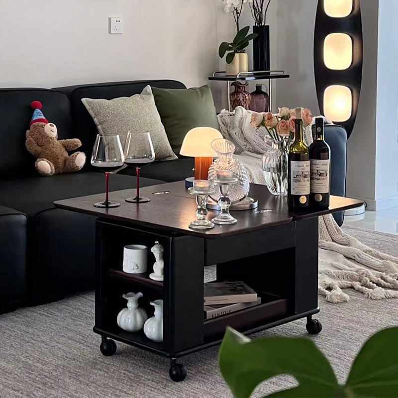 热销移动茶几实木小推车客厅多功能小户型边几茶桌复古中古风储物