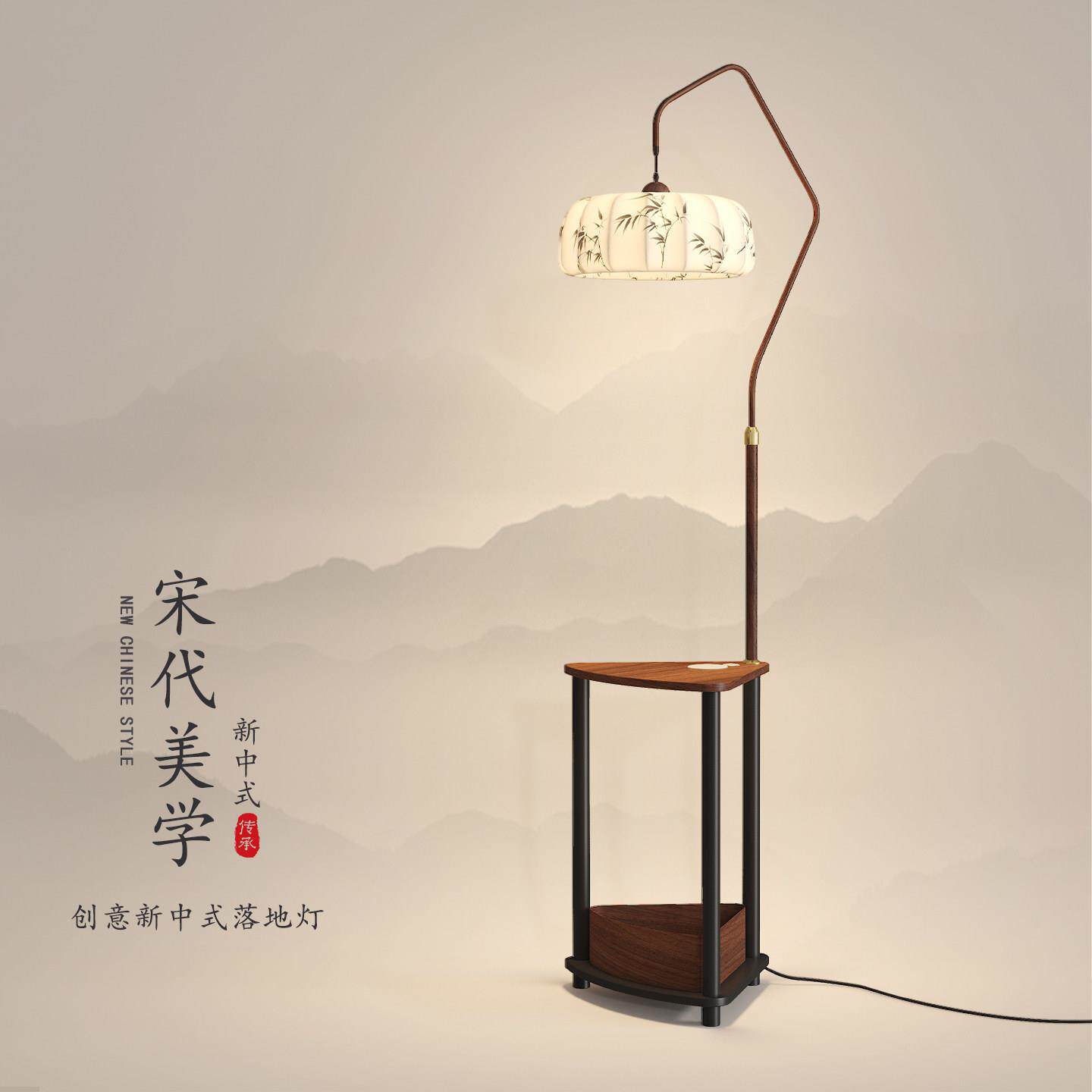宋代美学卧室床头落地灯新中式复古布艺印花客厅沙发旁角落气氛灯