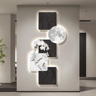 简约现代玄关装饰画黑白蝴蝶led发光灯画大气走廊尽头挂画高级感