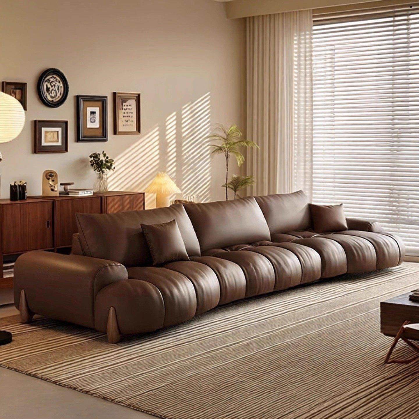 政府补贴意式真皮沙发客厅简约直排泡芙头层牛皮设计师弧形沙发F,住宅家具,皮艺沙发,淘宝优惠券,粉丝福利购,淘宝优惠卷