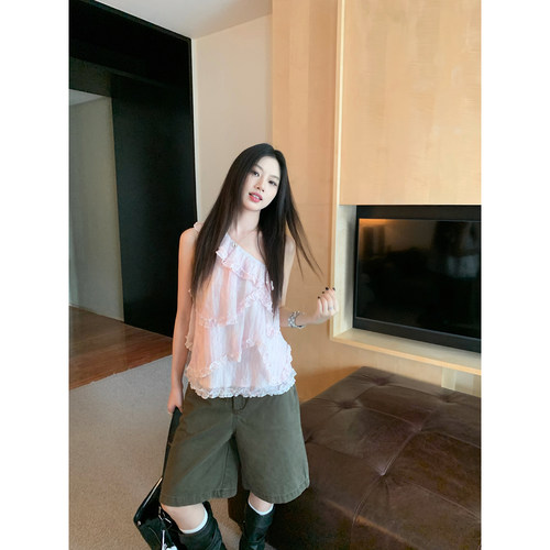 Joeyoo夏季新款设计感多层荷叶边不规则斜肩雪纺衫女无袖露肩上衣