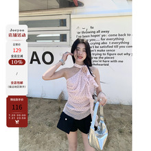 Joeyoo李乔优 告白蔷薇 挂脖波点雪纺衫女装夏季飘带无袖斜肩上衣