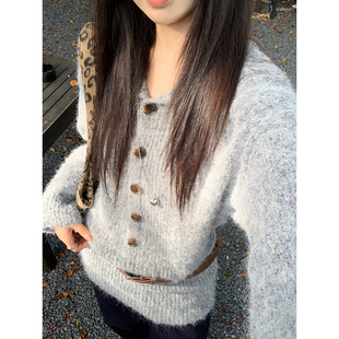 Joeyoo秋冬新款设计感单排扣翻领灰色毛衣开衫女中长款针织外套潮